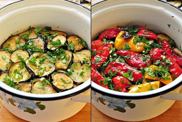 Нежная закуска из маринованных баклажанов и перцев гриль